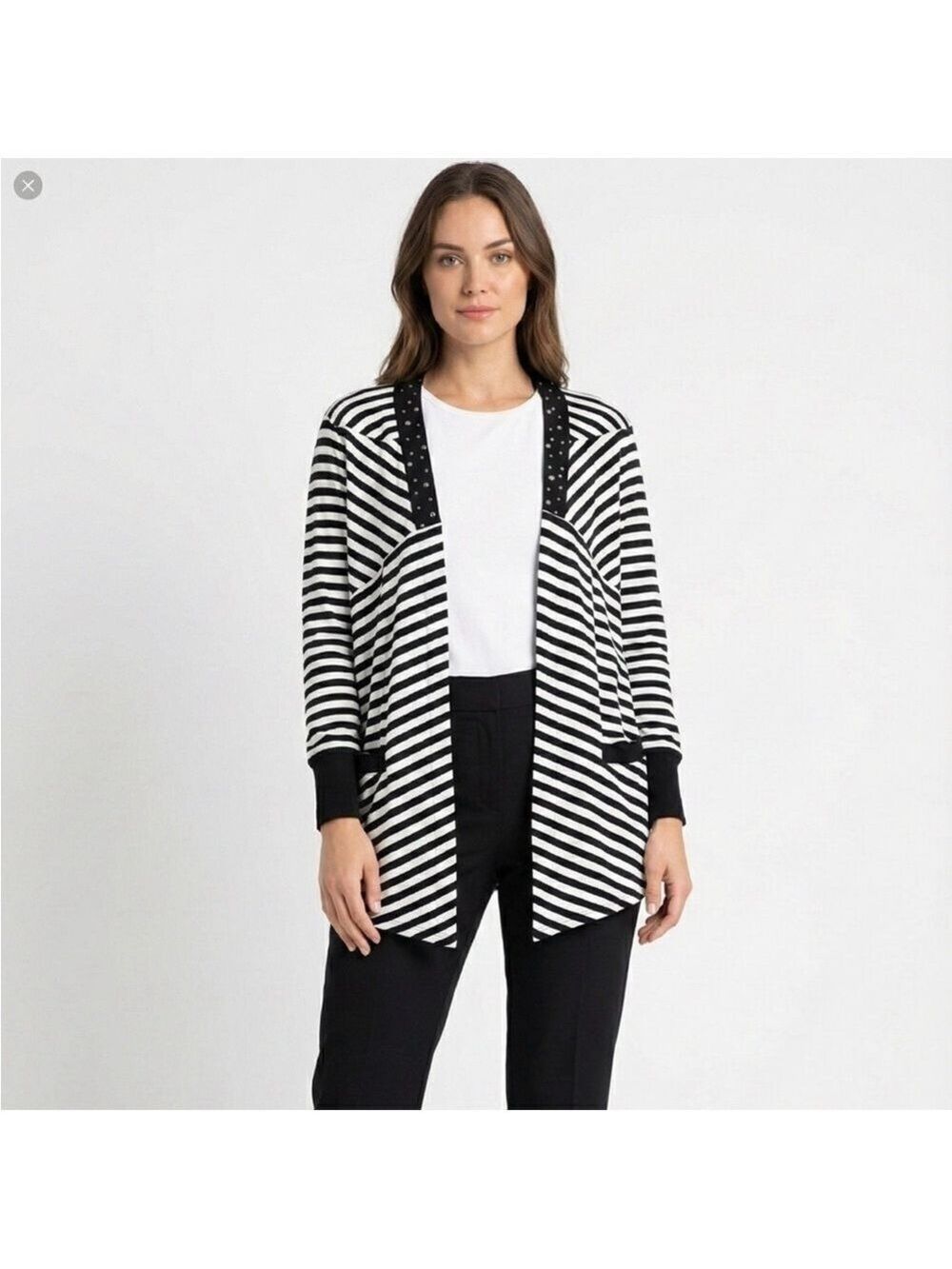CITY GIRL x Nancy Bolen Stripe Cotton Jersey Knit Embellished Open Front Cardi